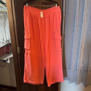 aerie Coral Smocked-Waist Wide Leg Pants